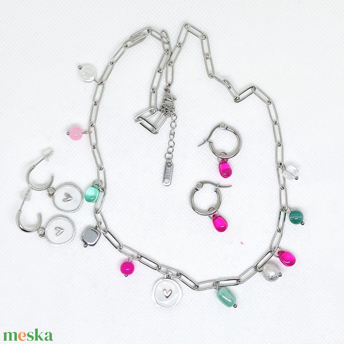 Pink és petrol ezüst színű szett - ékszer - nyaklánc - gyöngyös nyaklánc - Meska.hu