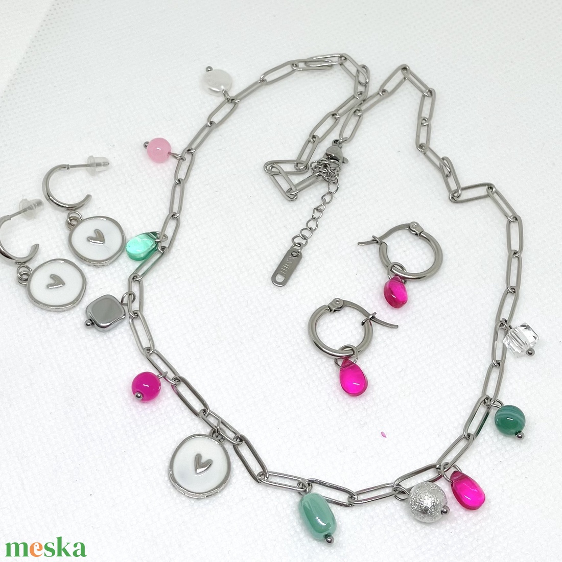 Pink és petrol ezüst színű szett - ékszer - nyaklánc - gyöngyös nyaklánc - Meska.hu