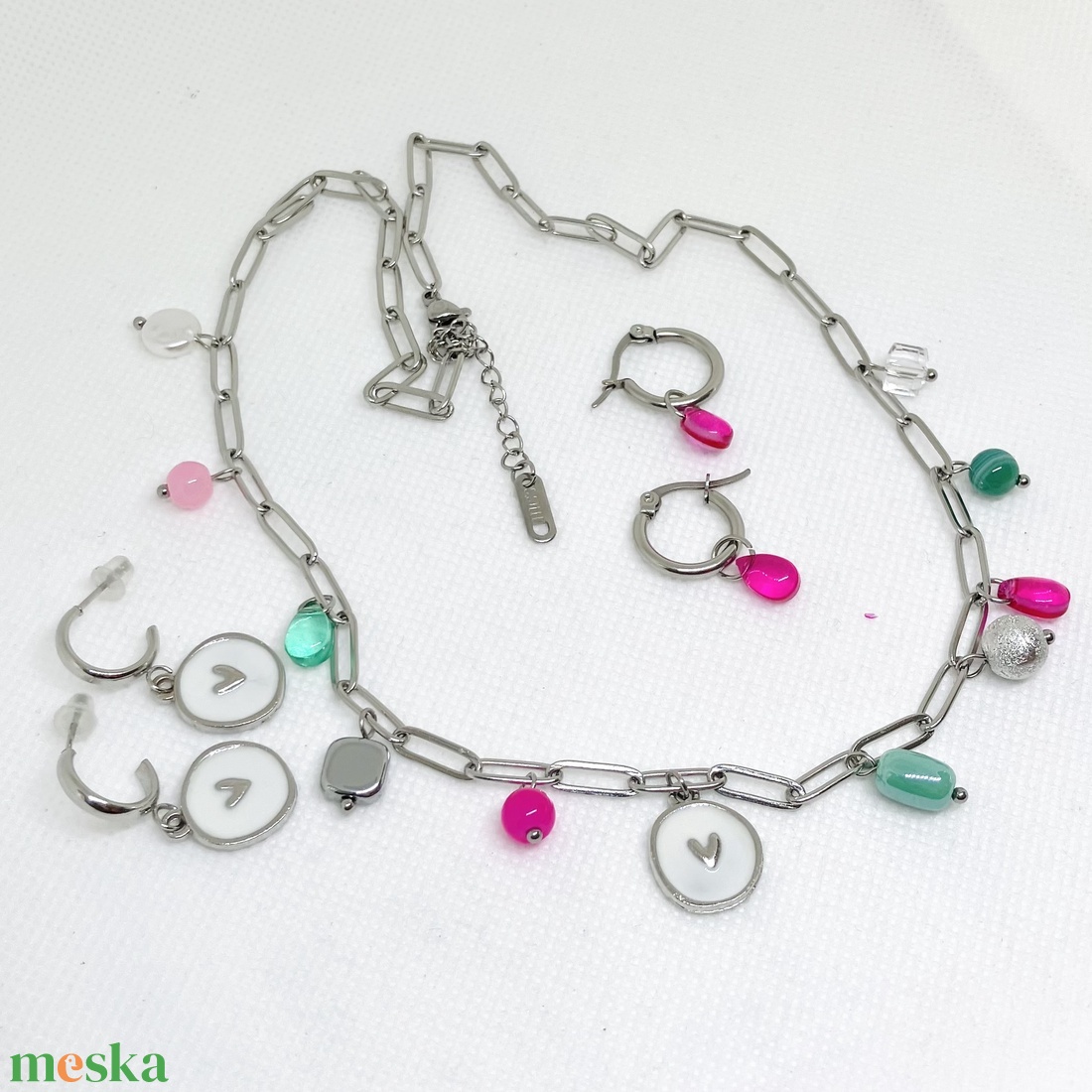 Pink és petrol ezüst színű szett - ékszer - nyaklánc - gyöngyös nyaklánc - Meska.hu