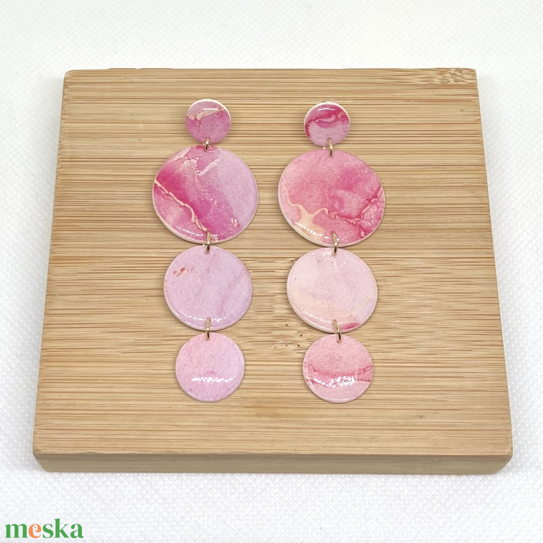 Bella rózsaszín márványos fülbevaló - ékszer - fülbevaló - lógó fülbevaló - Meska.hu
