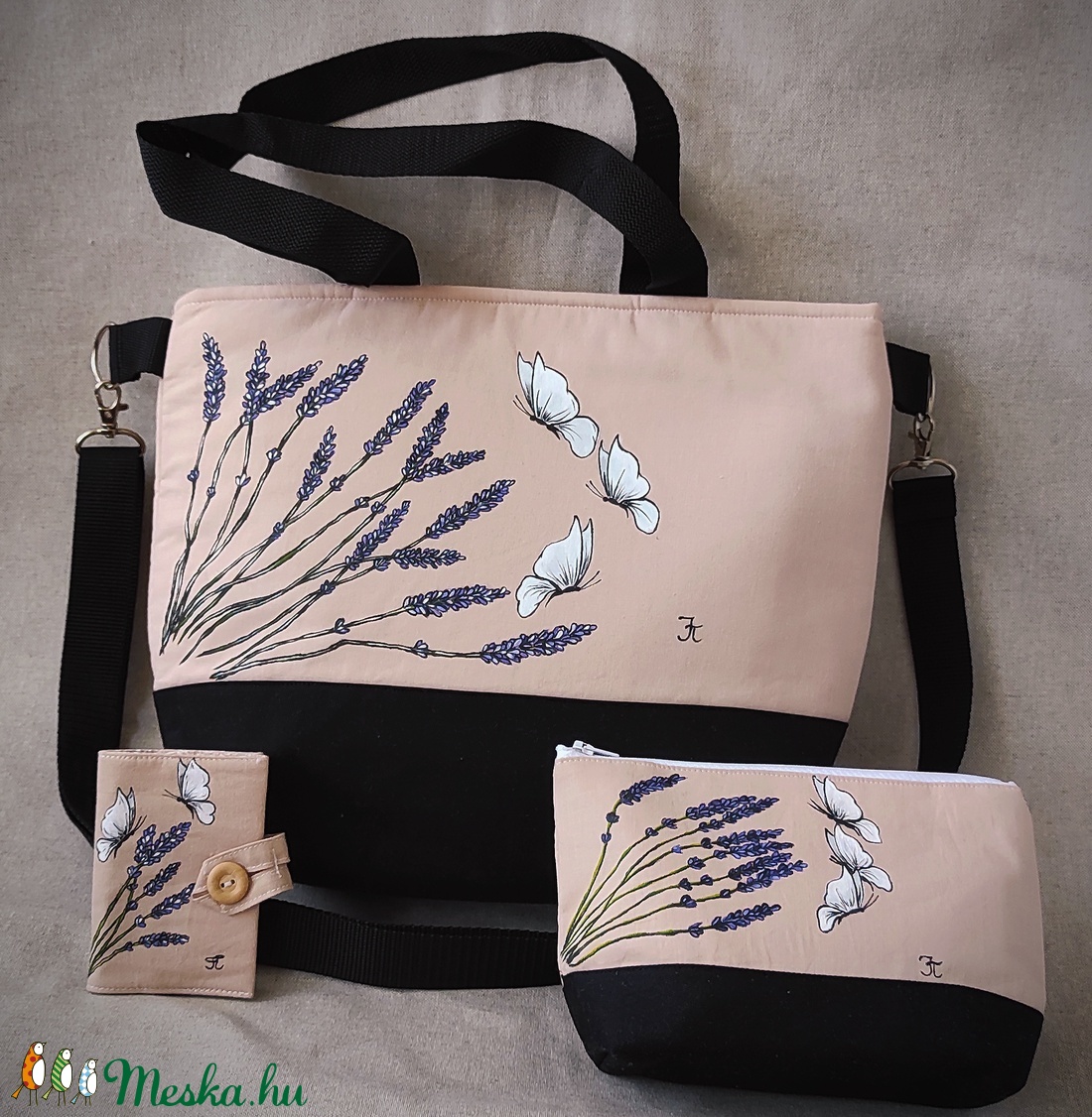 Kézzel festett Pillangós-levendulás nagy táska  szett - táska & tok - kézitáska & válltáska - nagy pakolós táska - Meska.hu