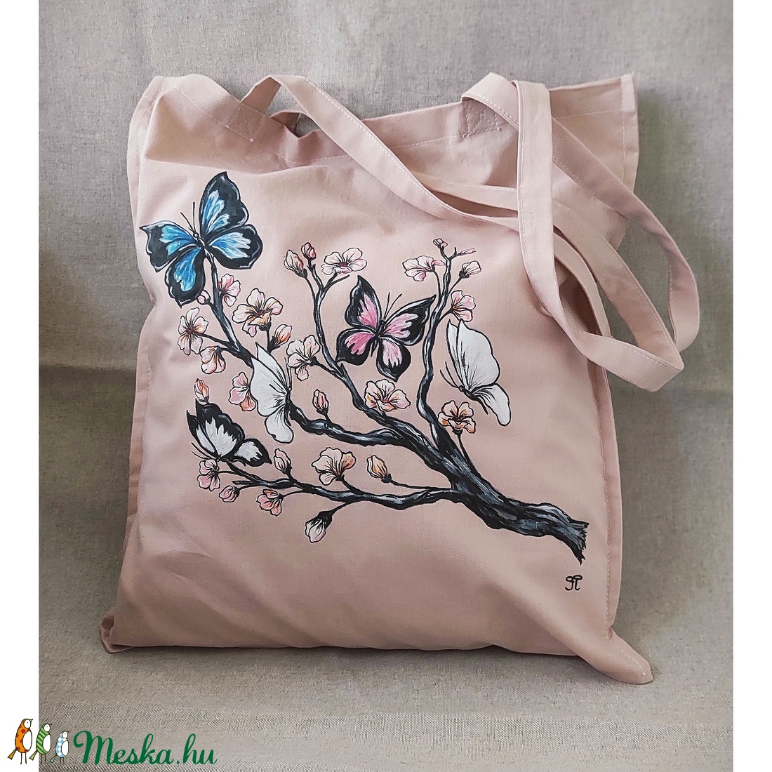 Bevásárló táska kézzel festett  cseresznye virágos-pillangós  mintával - táska & tok - bevásárlás & shopper táska - shopper, textiltáska, szatyor - Meska.hu