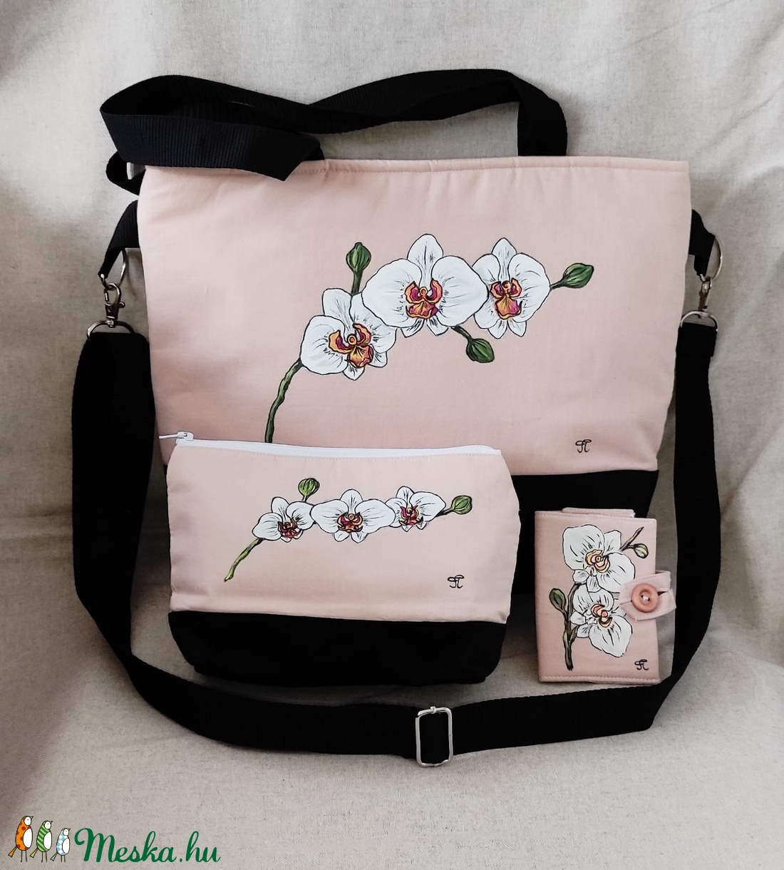 Kézzel festett Orchideás nagy táska  szett - táska & tok - kézitáska & válltáska - nagy pakolós táska - Meska.hu