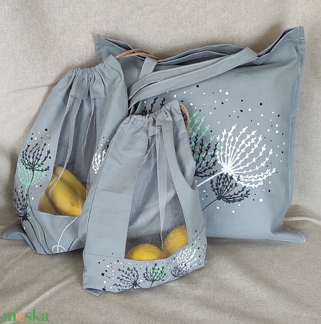 Öko szett Pitypang  mintával - táska & tok - bevásárlás & shopper táska - zöldség/gyümölcs zsák - Meska.hu