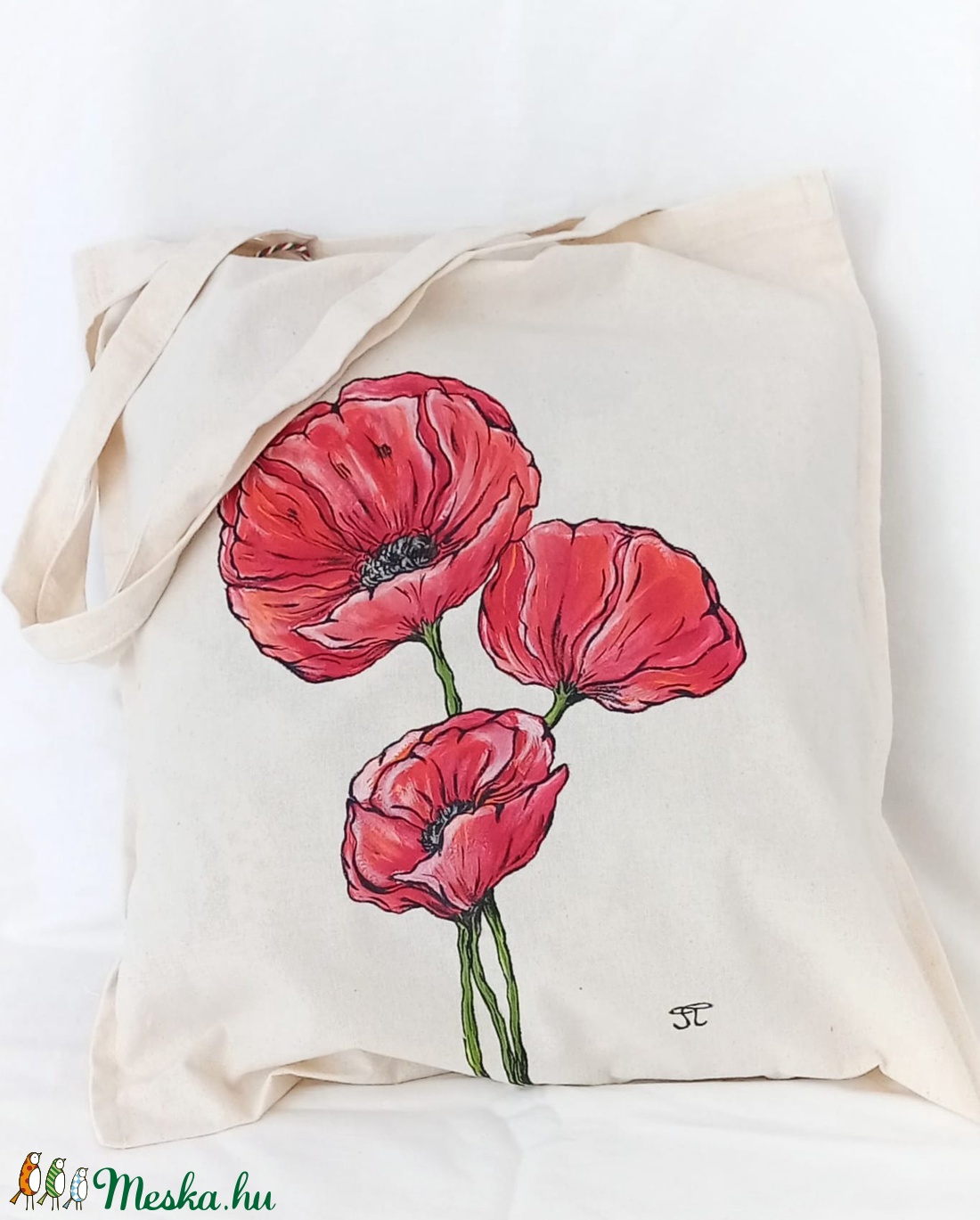 Bevásárló táska kézzel festett pipacsos mintával - táska & tok - bevásárlás & shopper táska - shopper, textiltáska, szatyor - Meska.hu