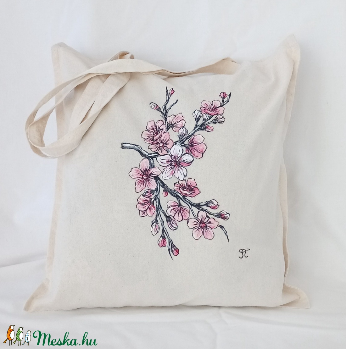 Bevásárló táska kézzel festett cseresznye virág mintával - táska & tok - bevásárlás & shopper táska - shopper, textiltáska, szatyor - Meska.hu