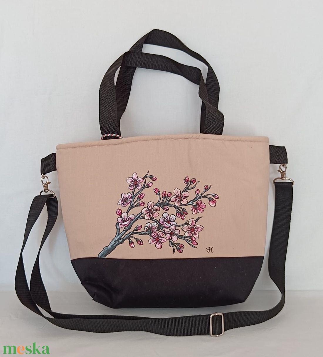 Kézzel festett  Cseresznyevirágos nagy táska - táska & tok - kézitáska & válltáska - nagy pakolós táska - Meska.hu