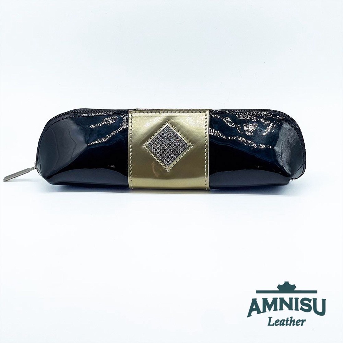 Fekete lakk - arany lakk rombusz swarovski köves bőr neszeszer / tolltartó L8002-2008 - táska & tok - neszesszer - Meska.hu