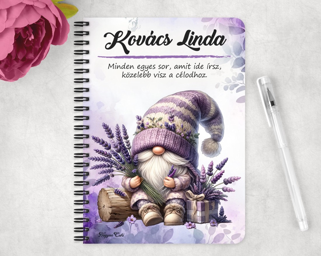 Személyre szabható - Levendulás manó csüccs mintás A5-ös füzet - otthon & életmód - papír, írószer - jegyzetfüzet & napló - Meska.hu