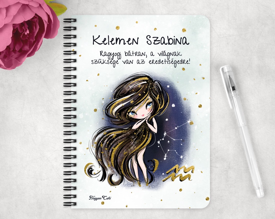 Személyre szabható - Barna hajú Csini Vízöntő lány mintás A5-ös füzet - otthon & életmód - papír, írószer - jegyzetfüzet & napló - Meska.hu