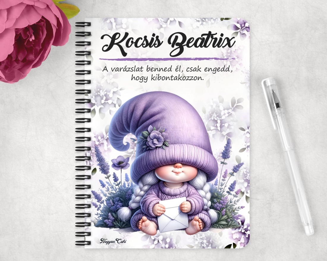 Személyre szabható - Cuki levendulás manólány levéllel mintás A5-ös füzet - otthon & életmód - papír, írószer - jegyzetfüzet & napló - Meska.hu