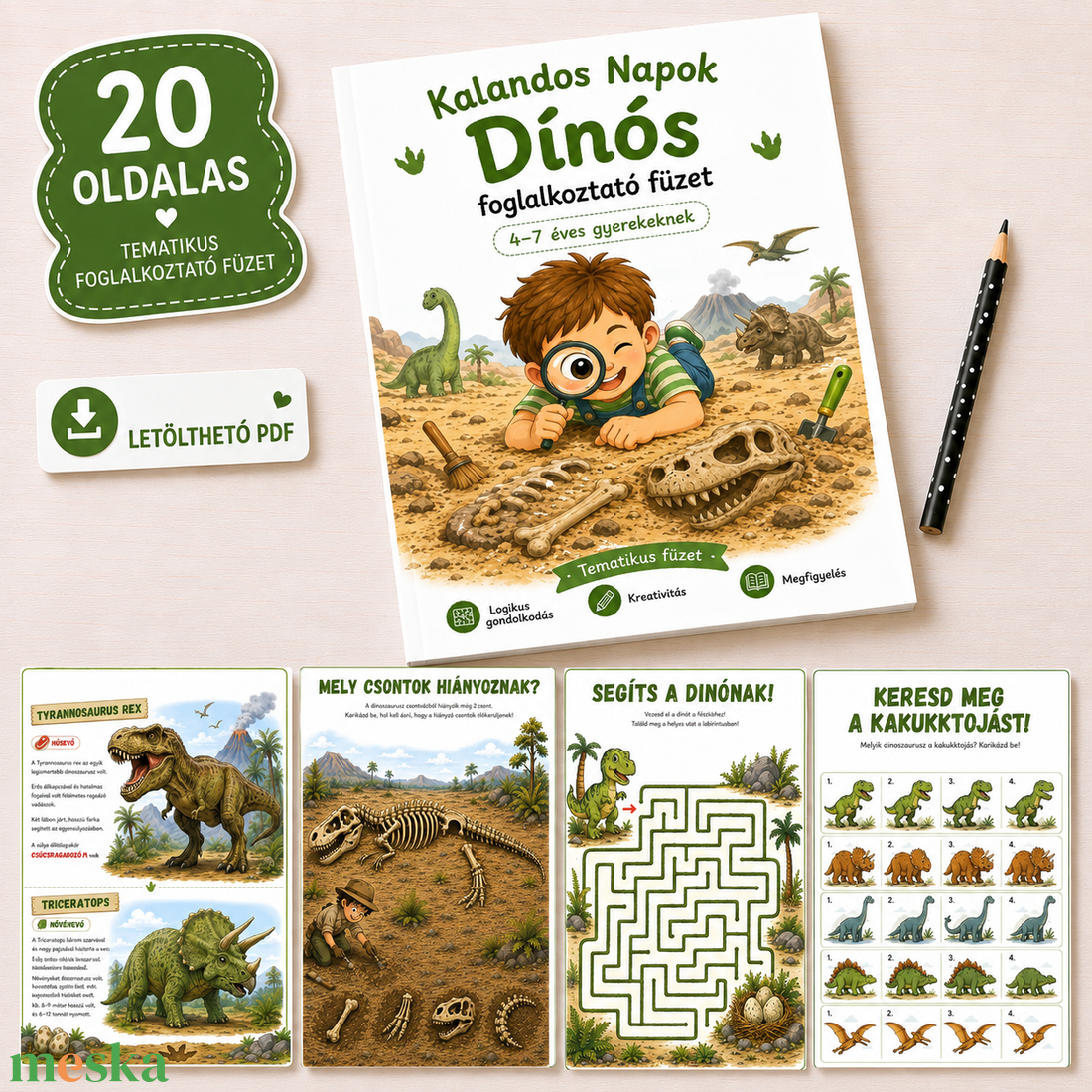 Kalandos Napok � Dínók - 20 oldalas nyomtatható foglalkoztató füzet - Azonnal letölthető PDF - 4�7 éves gyerekeknek - játék & sport - készségfejlesztő és logikai játék - oktató játékok - Meska.hu