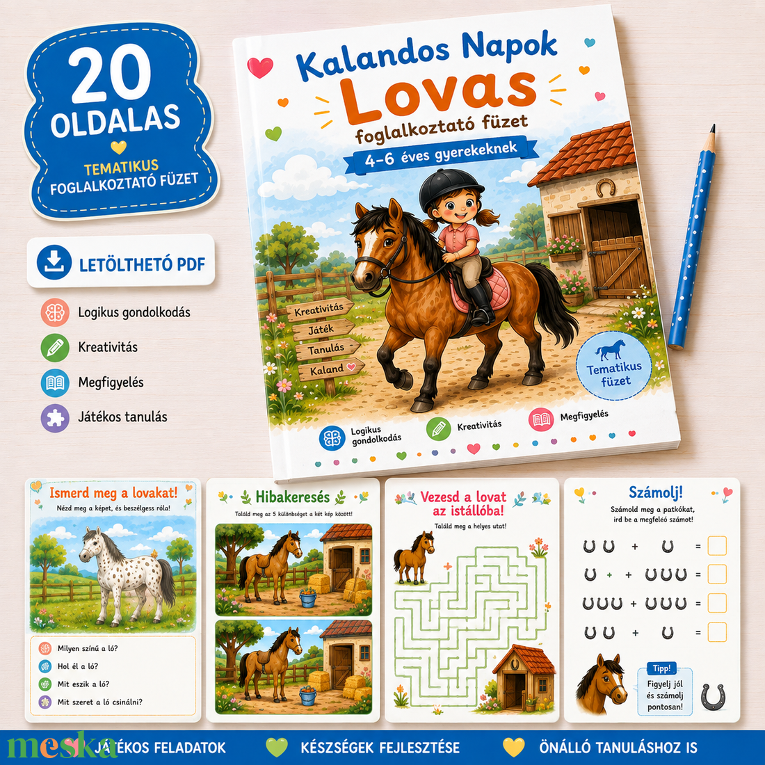 Kalandos Napok � Kezdő Lovas Füzet-20 oldalas nyomtatható foglalkoztató füzet - Digitális PDF - 4�7 éves gyerekeknek - játék & sport - készségfejlesztő és logikai játék - oktató játékok - Meska.hu