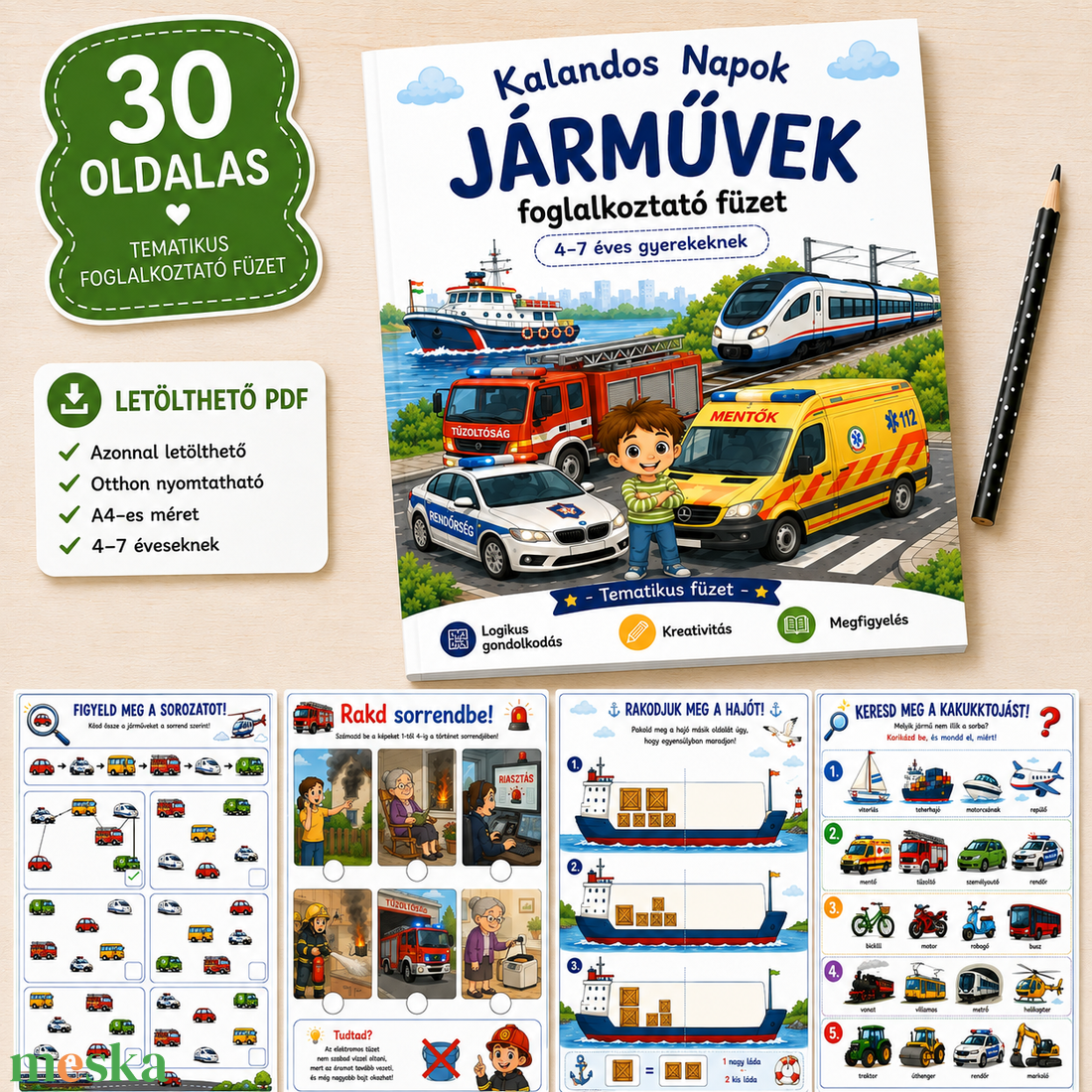 Kalandos Napok � Járművek - 30 oldalas nyomtatható foglalkoztató füzet -Letölthető PDF - 4�7 éves gyerekeknek - játék & sport - készségfejlesztő és logikai játék - oktató játékok - Meska.hu