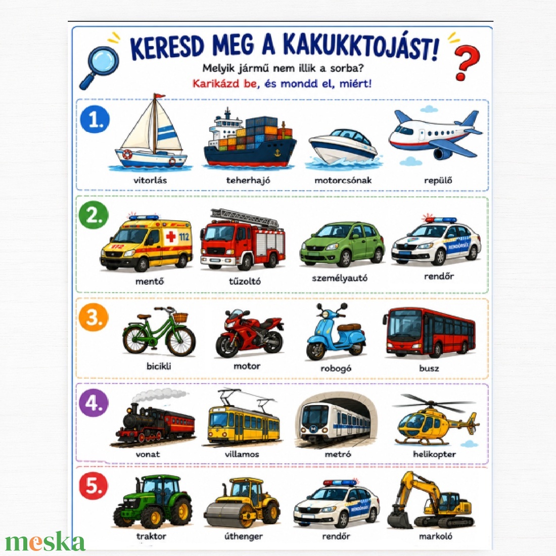 Kalandos Napok � Járművek - 30 oldalas nyomtatható foglalkoztató füzet -Letölthető PDF - 4�7 éves gyerekeknek - játék & sport - készségfejlesztő és logikai játék - oktató játékok - Meska.hu