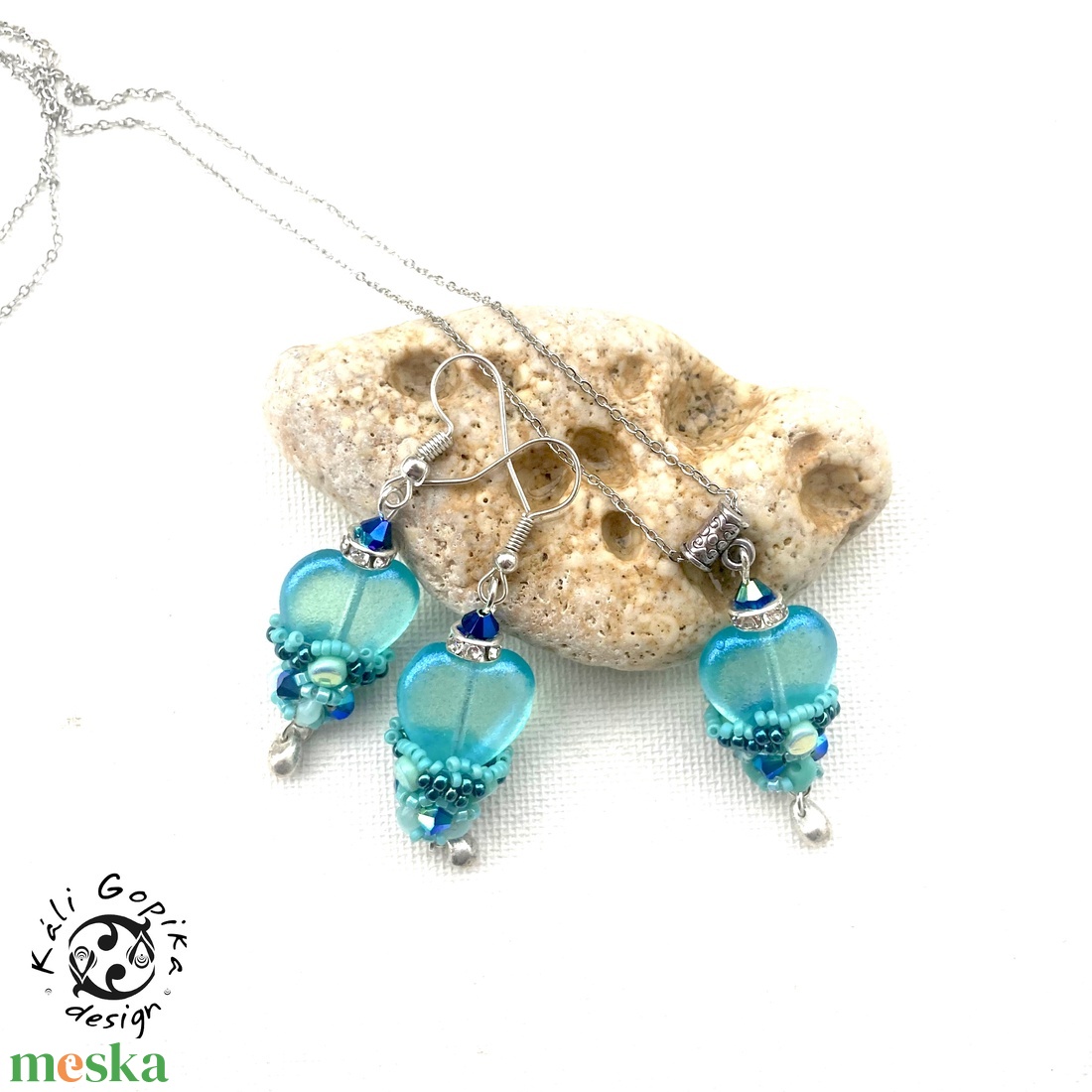 Türkiz szívecskés ékszerszett  - ékszer - ékszerszett - Meska.hu