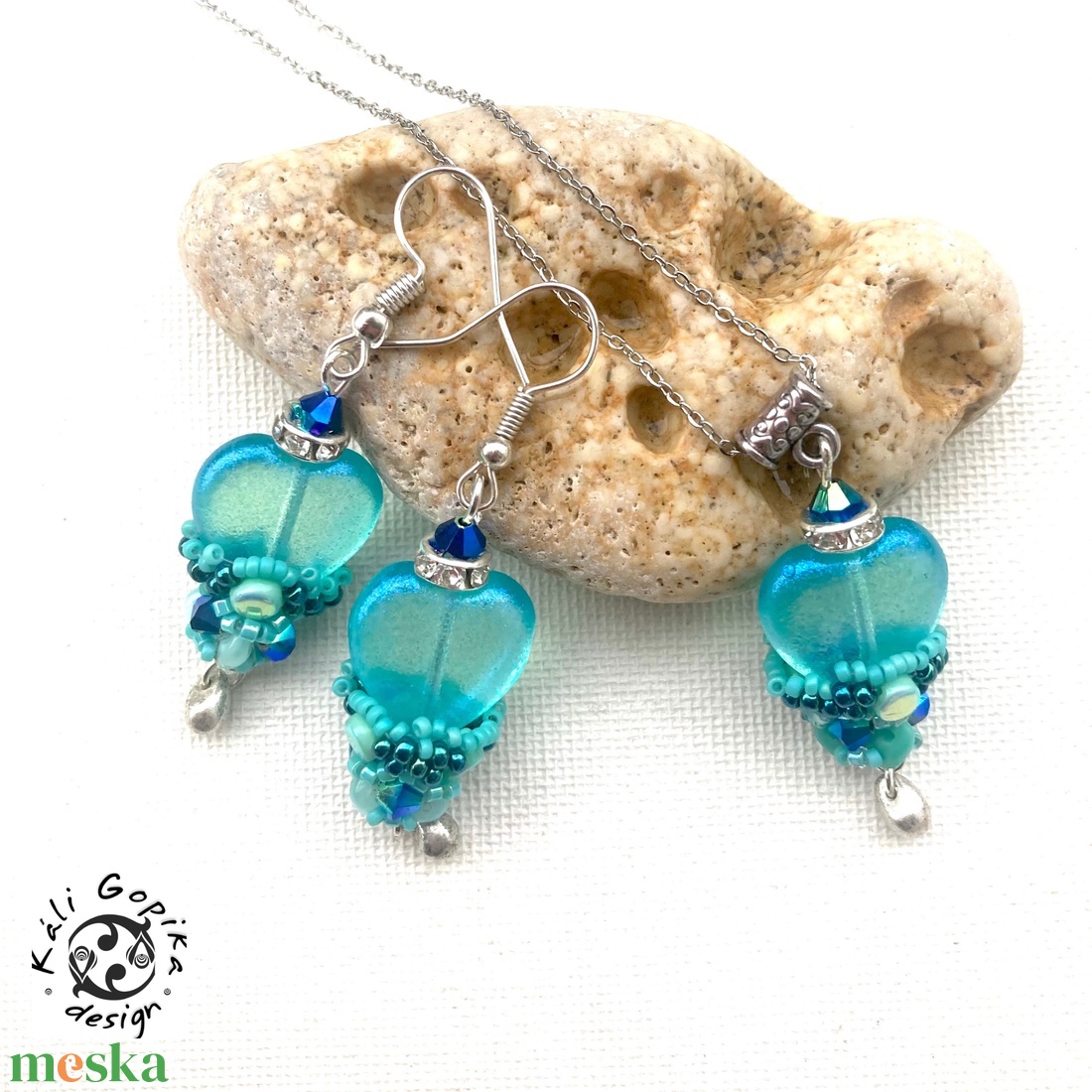 Türkiz szívecskés ékszerszett  - ékszer - ékszerszett - Meska.hu
