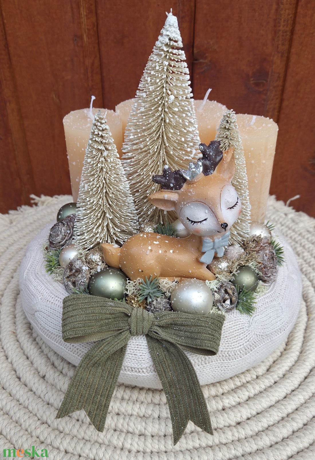 Őzikés adventi koszorú kötött alapon (20 cm) - karácsony - adventi díszek - adventi koszorú - Meska.hu