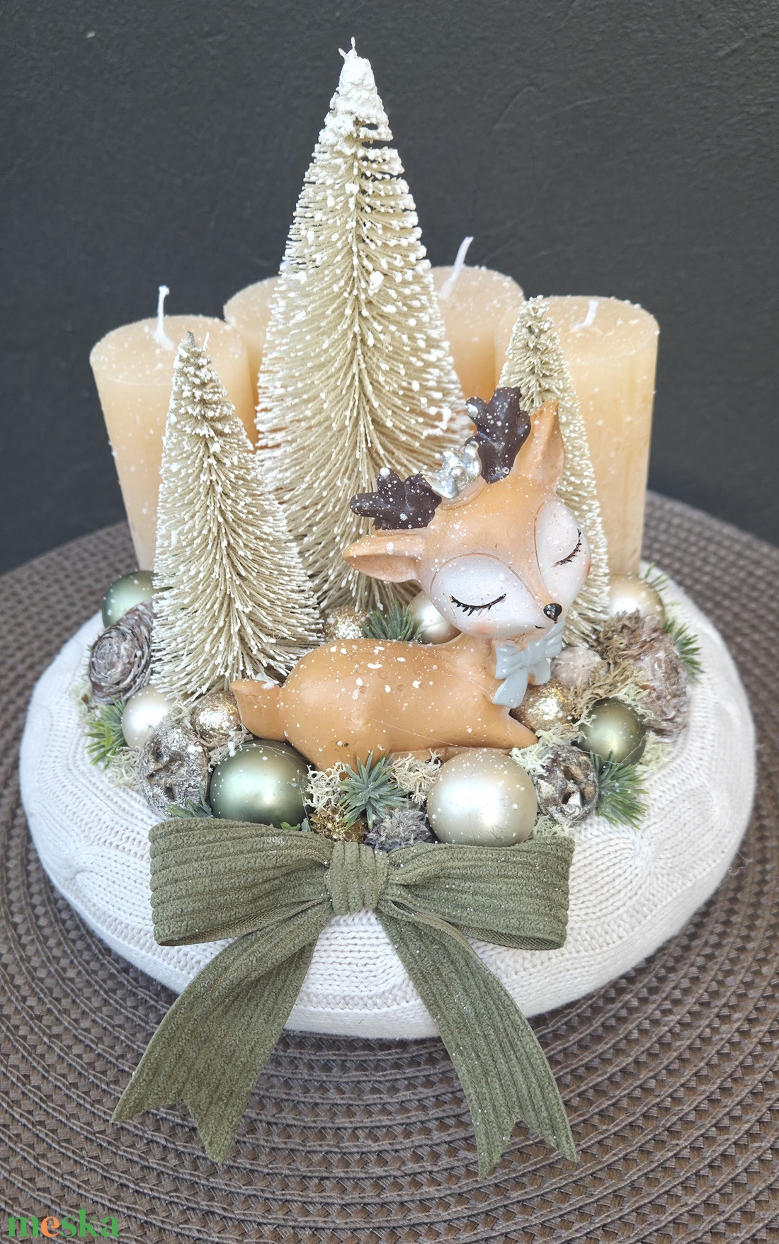 Őzikés adventi koszorú kötött alapon (20 cm) - karácsony - adventi díszek - adventi koszorú - Meska.hu