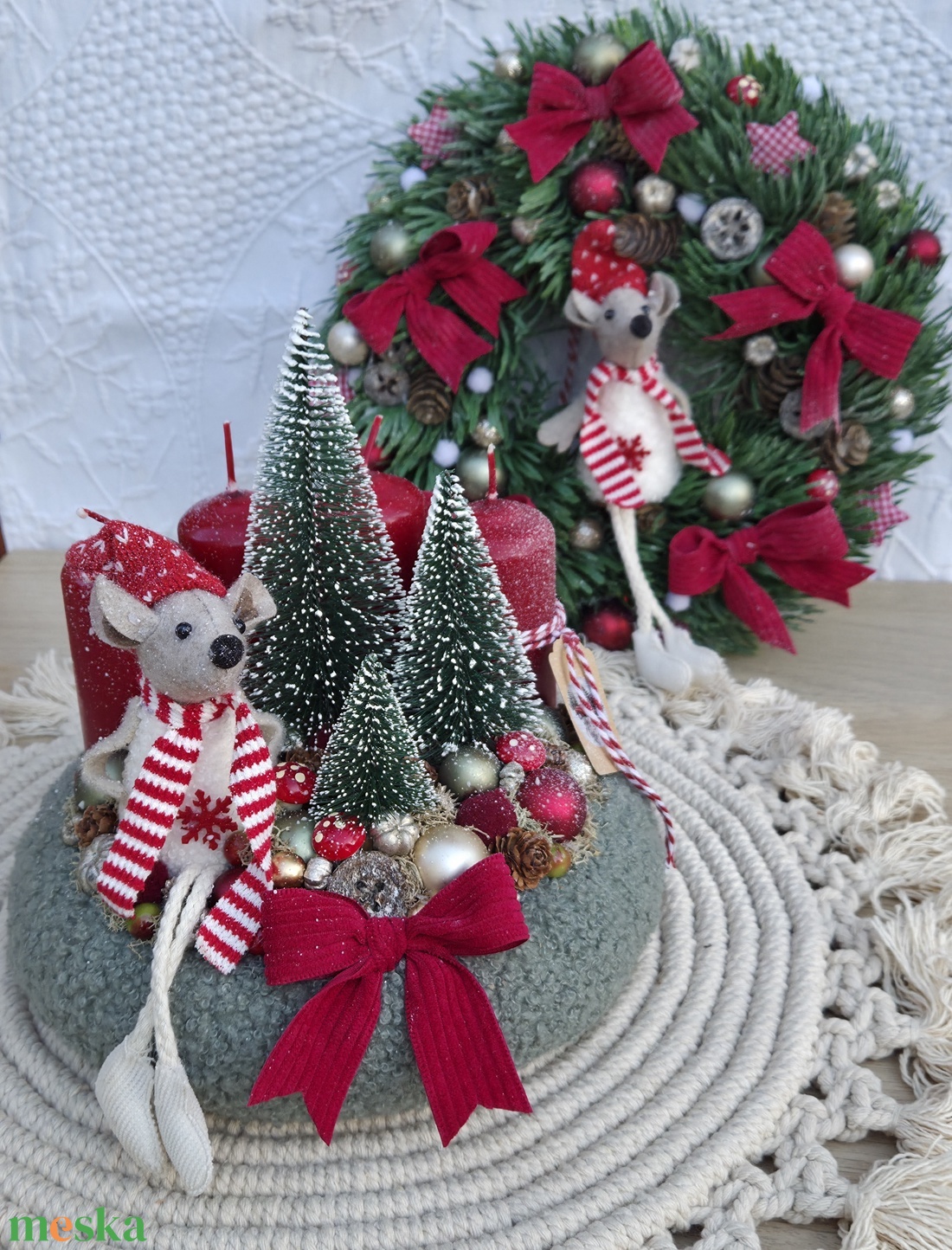 Egérkés karácsonyi szett - 20 cm-es adventi koszorú és 30 cm-es ajtódísz - karácsony - adventi díszek - adventi koszorú - Meska.hu
