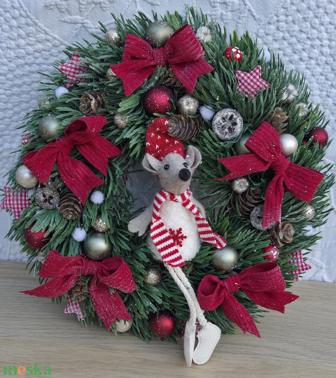 Egérkés karácsonyi szett - 20 cm-es adventi koszorú és 30 cm-es ajtódísz - karácsony - adventi díszek - adventi koszorú - Meska.hu