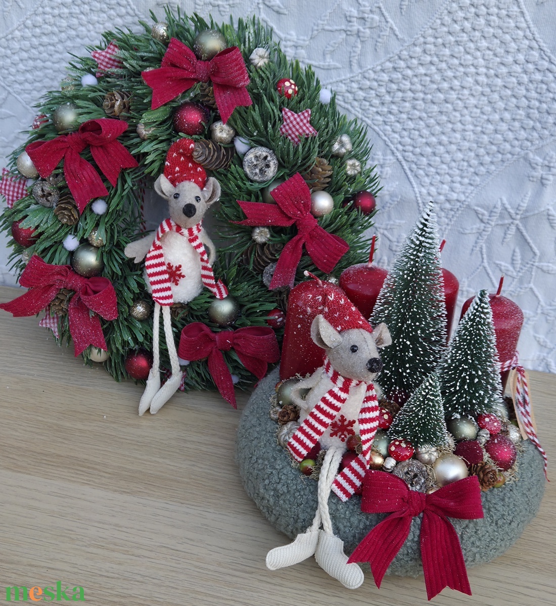 Egérkés karácsonyi szett - 20 cm-es adventi koszorú és 30 cm-es ajtódísz - karácsony - adventi díszek - adventi koszorú - Meska.hu