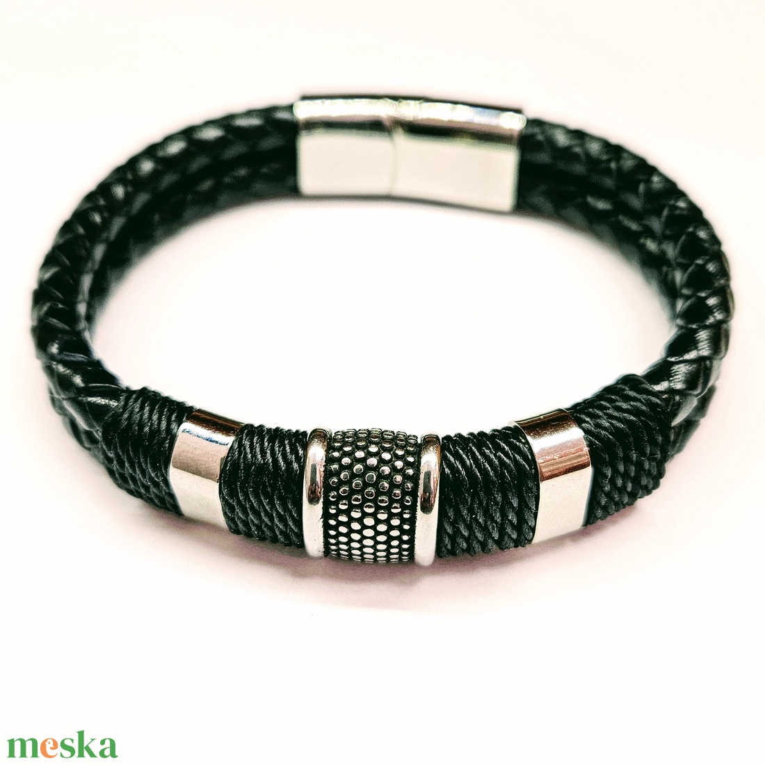  18-23 cm Elegáns bőr férfi karkötő fekete ezüst. - ékszer - karkötő - fonott karkötő - Meska.hu