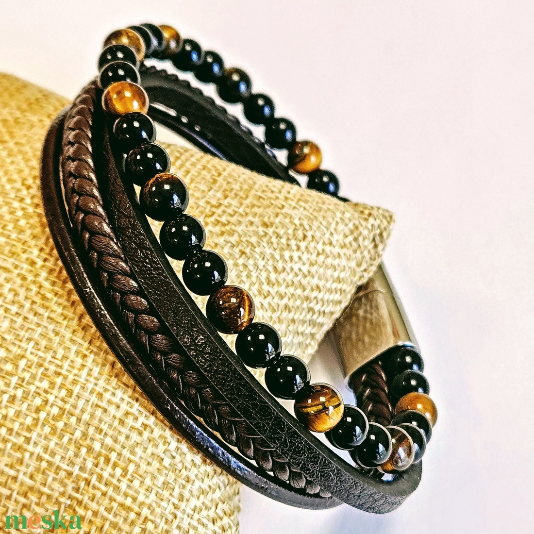 19-22 cm Elegáns bőr férfi karkötő barna gyöngyös - ékszer - karkötő - fonott karkötő - Meska.hu 19-22 cm Elegáns bőr férfi karkötő barna gyöngyös - ékszer - karkötő - fonott karkötő - Meska.hu