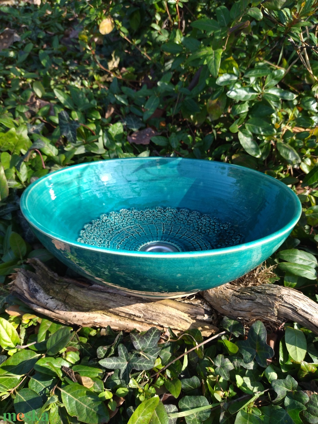 Türkiz kerámia mosdótál csipke mintával - otthon & életmód - fürdőszoba - mosdótál - Meska.hu