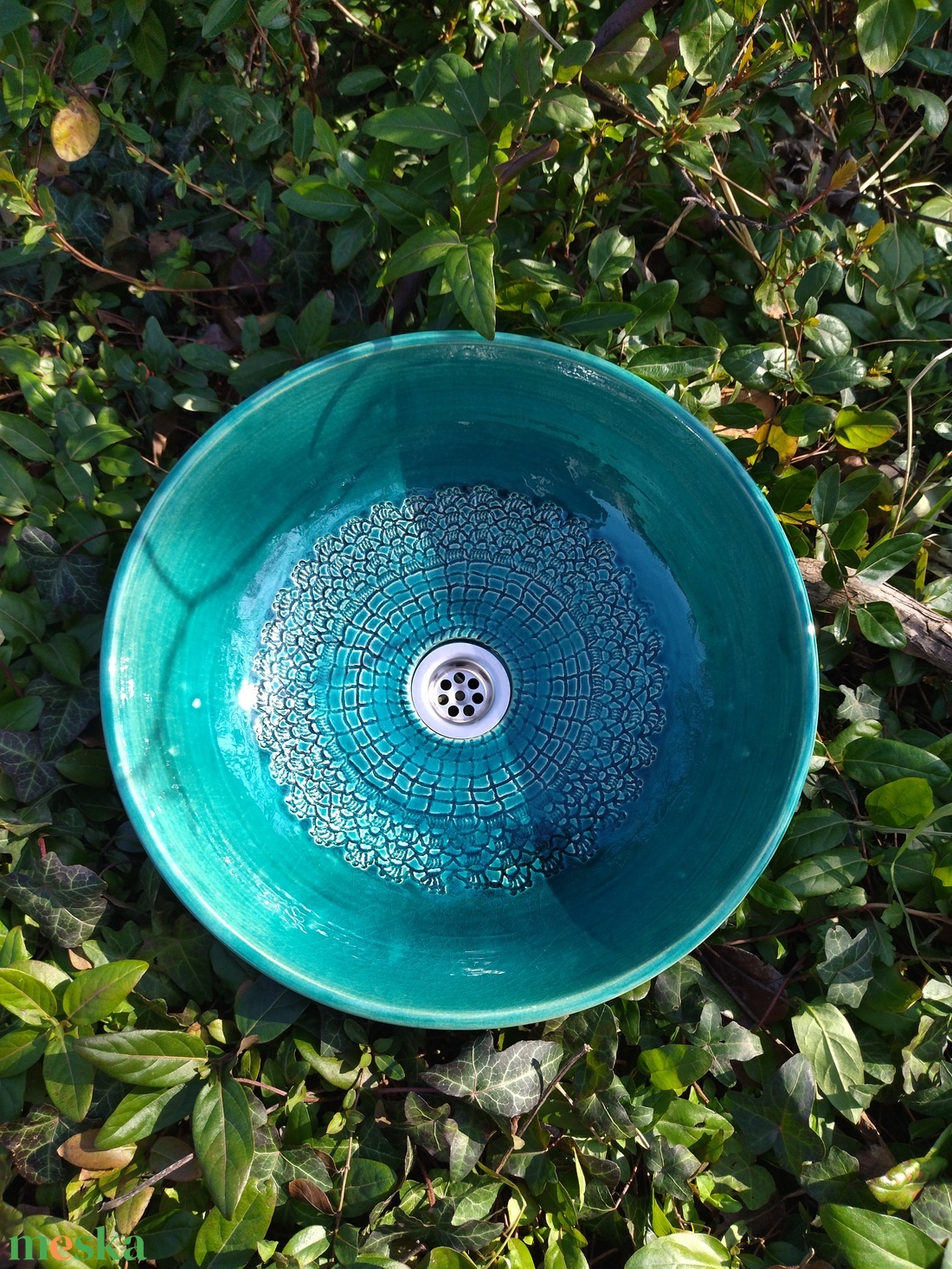 Türkiz kerámia mosdótál csipke mintával - otthon & életmód - fürdőszoba - mosdótál - Meska.hu