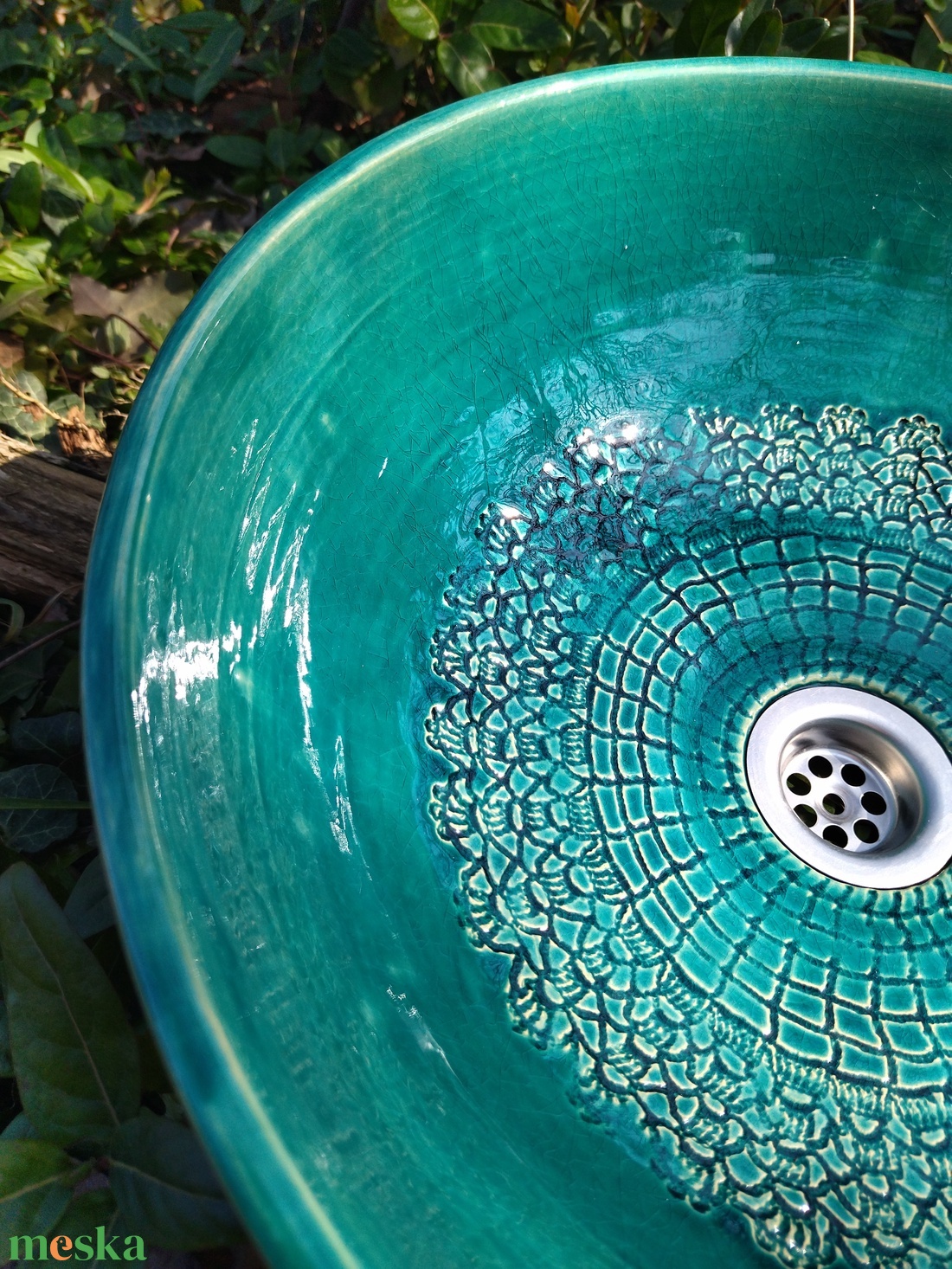 Türkiz kerámia mosdótál csipke mintával - otthon & életmód - fürdőszoba - mosdótál - Meska.hu