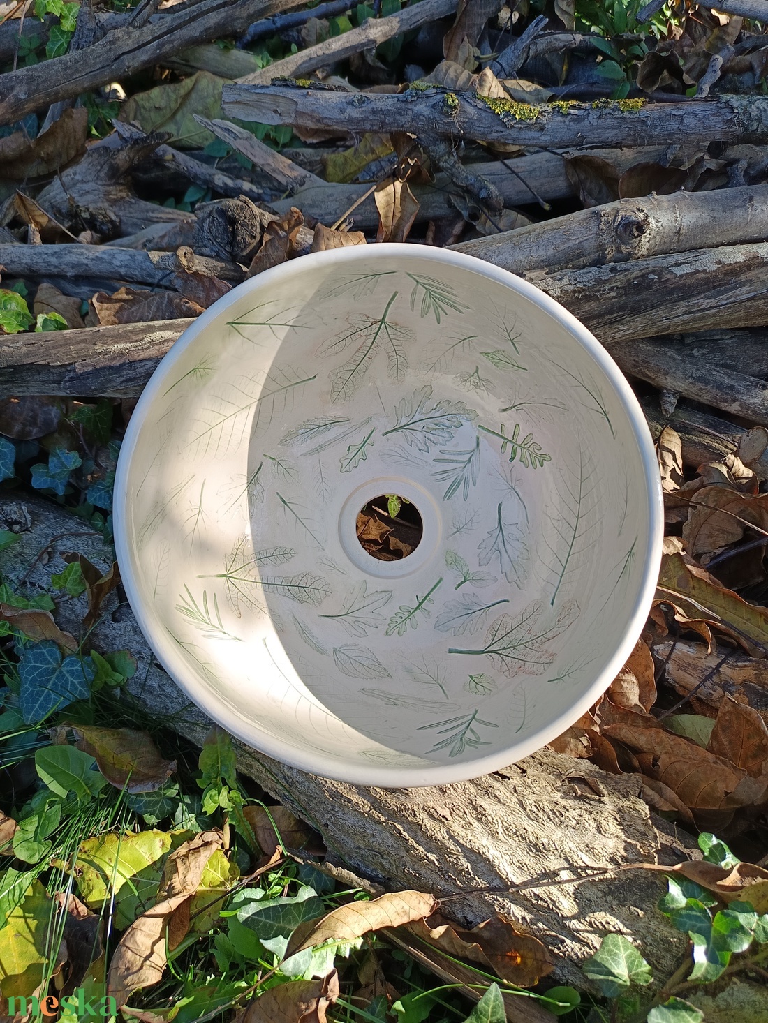 Növénylenyomatos kerámia mosdótál - otthon & életmód - fürdőszoba - mosdótál - Meska.hu