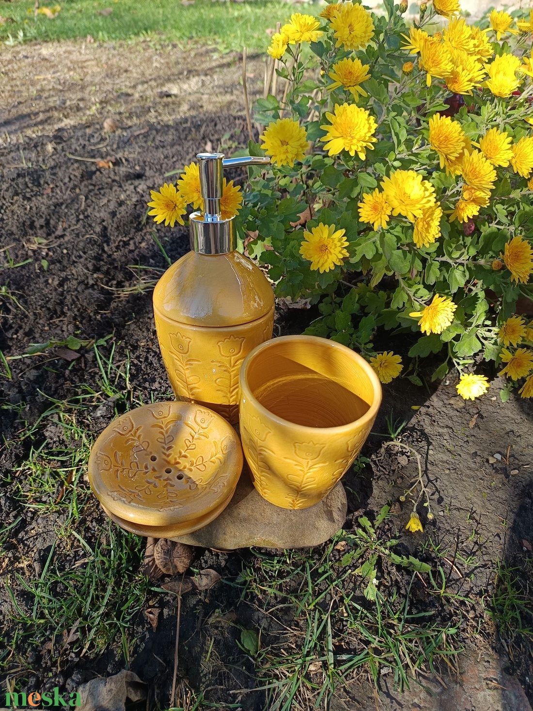 Fürdőszobai kiegészítő szett sárga - otthon & életmód - fürdőszoba - szappantartó - Meska.hu