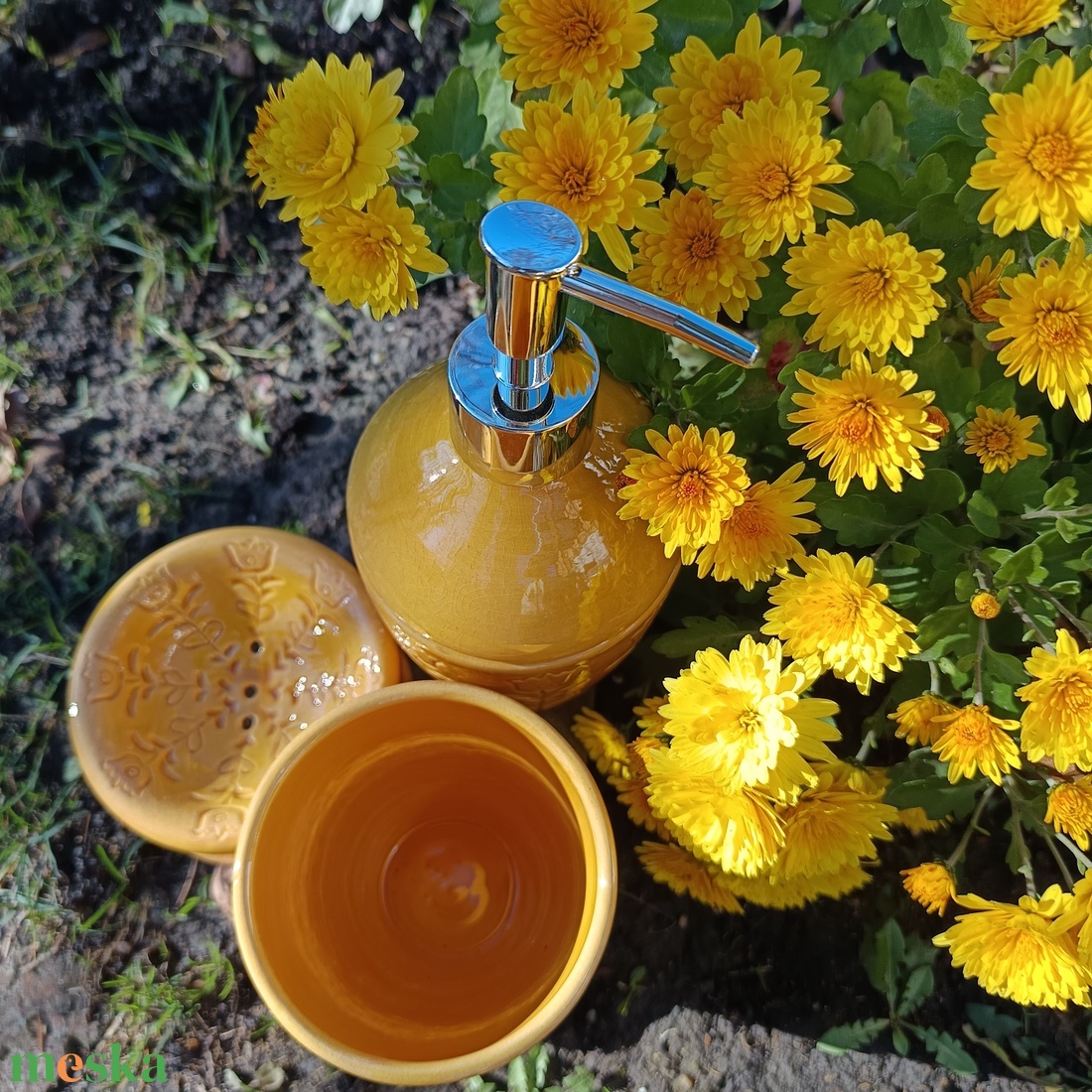 Fürdőszobai kiegészítő szett sárga - otthon & életmód - fürdőszoba - szappantartó - Meska.hu