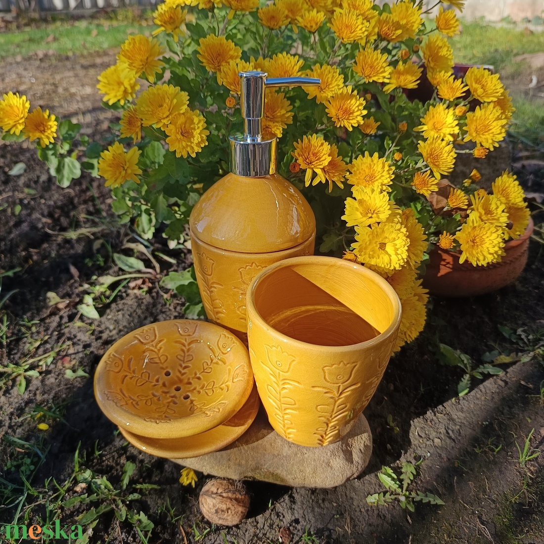 Fürdőszobai kiegészítő szett sárga - otthon & életmód - fürdőszoba - szappantartó - Meska.hu