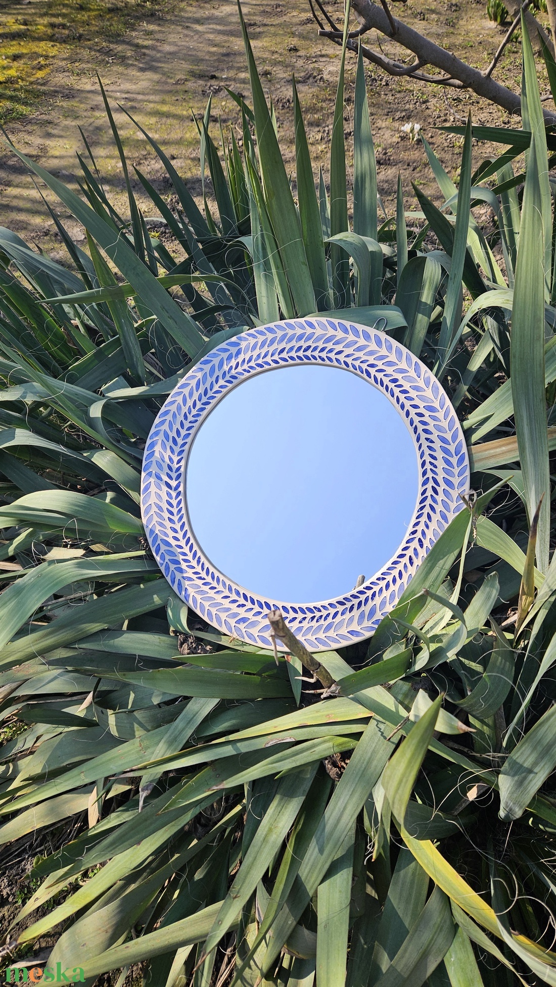 Kék leveles tükör  - otthon & életmód - fürdőszoba - mosdótál - Meska.hu