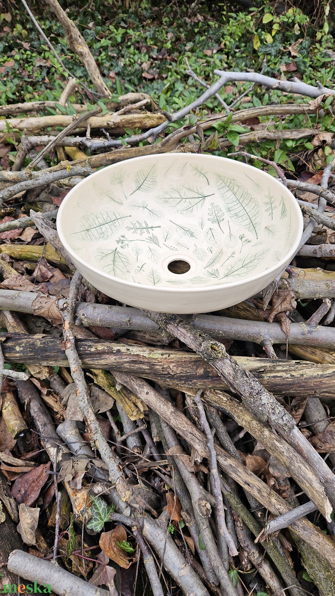 Kerámia mosdótál levéllenyomatokkal - otthon & életmód - fürdőszoba - mosdótál - Meska.hu