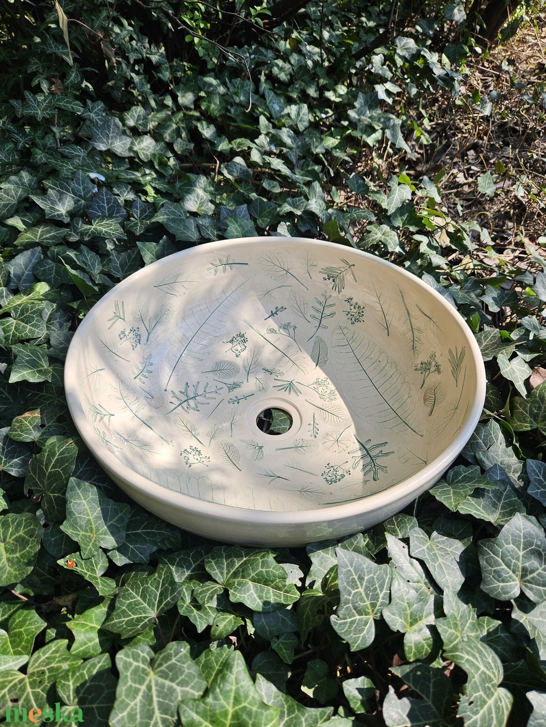 Kerámia mosdótál levéllenyomatokkal - otthon & életmód - fürdőszoba - mosdótál - Meska.hu