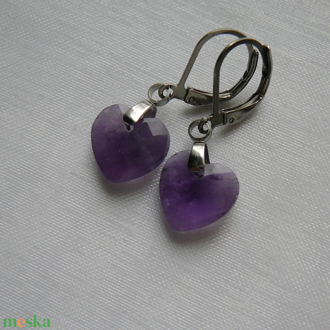 Ametiszt szív fülbevaló - ékszer - fülbevaló - lógó fülbevaló - Meska.hu
