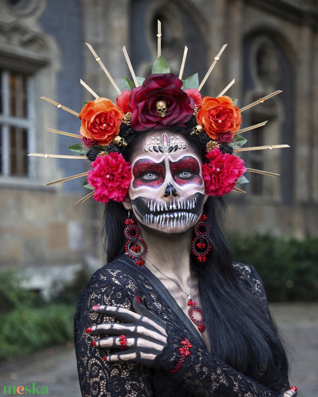 Koponyás virágkorona � La Catrina fejdísz Halloweenre és cosplayhez - ruha & divat - jelmez & álarc - jelmez - Meska.hu