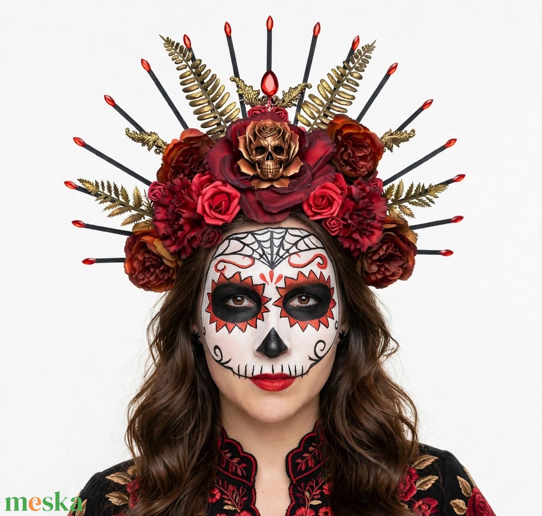 La Catrina Királynő - XXL sugaras koponya korona fejdísz - otthon & életmód - dekoráció - halloween - halloweeni jelmez és kiegészítők - Meska.hu