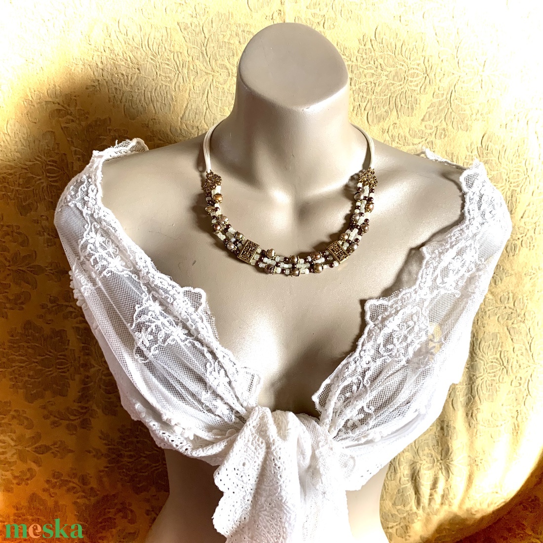 Bizánci stílusú 3 soros nyakék, ásványgyöngy nyaklánc, achat igazgyöngy üveggyöngy nyaklánc, külömleges ékszer, lánc - ékszer - ékszerszett - Meska.hu
