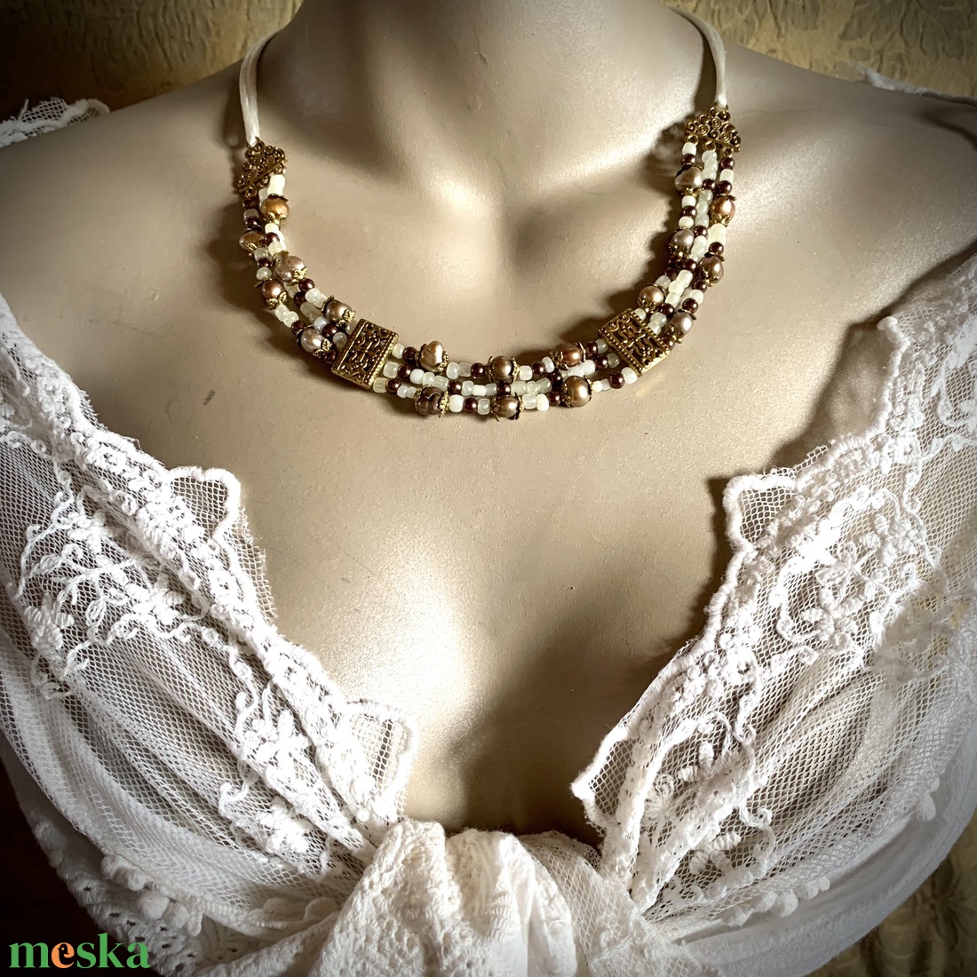 Bizánci stílusú 3 soros nyakék, ásványgyöngy nyaklánc, achat igazgyöngy üveggyöngy nyaklánc, külömleges ékszer, lánc - ékszer - ékszerszett - Meska.hu
