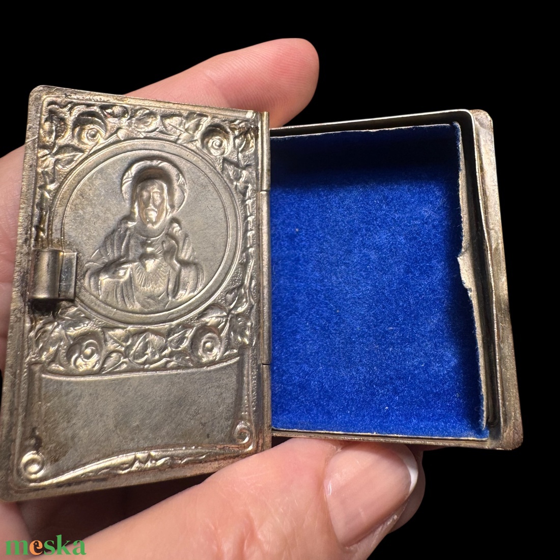 Régi rózsafüzér vagy kereszt tartó ezüst vagy ezüstözött szelence, kis ezüst doboz, régi vallási emlék, Egyházi relikvia - otthon & életmód - vallás - kereszt - Meska.hu