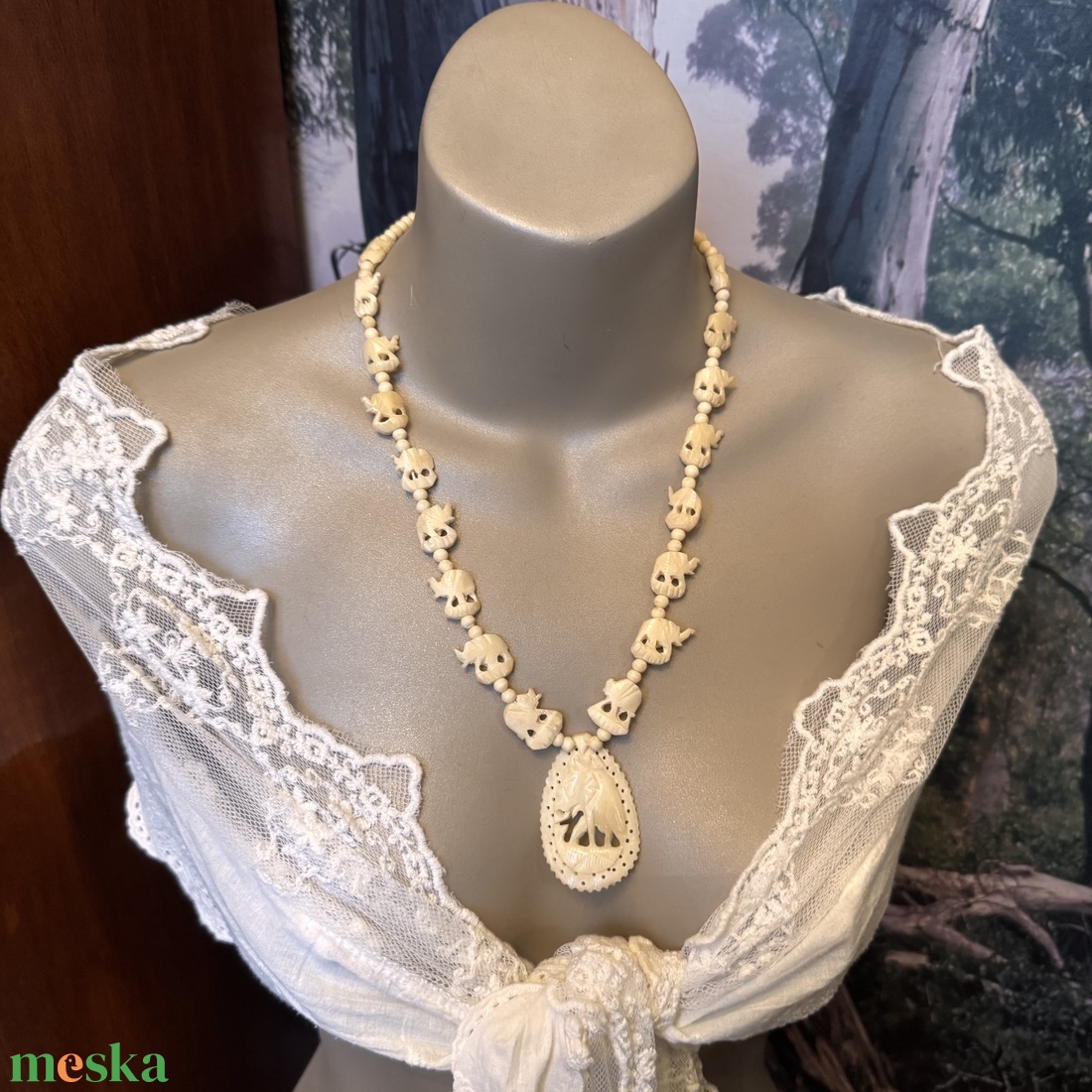 Bohém csont nyaklánc, elefánt csont ékszer, retro vintage ékszer, midcentury ékszer, nyaklánc, nyakék 70-es évekből - ékszer - ékszerszett - Meska.hu