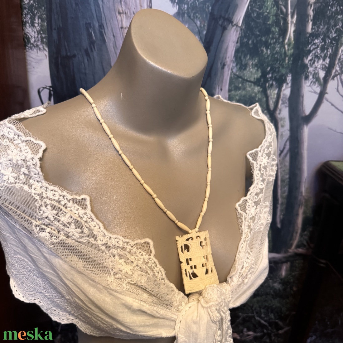 Bohém csont nyaklánc, elefánt csont ékszer, retro vintage ékszer, midcentury ékszer, nyaklánc, nyakék 70-es évekből - ékszer - ékszerszett - Meska.hu