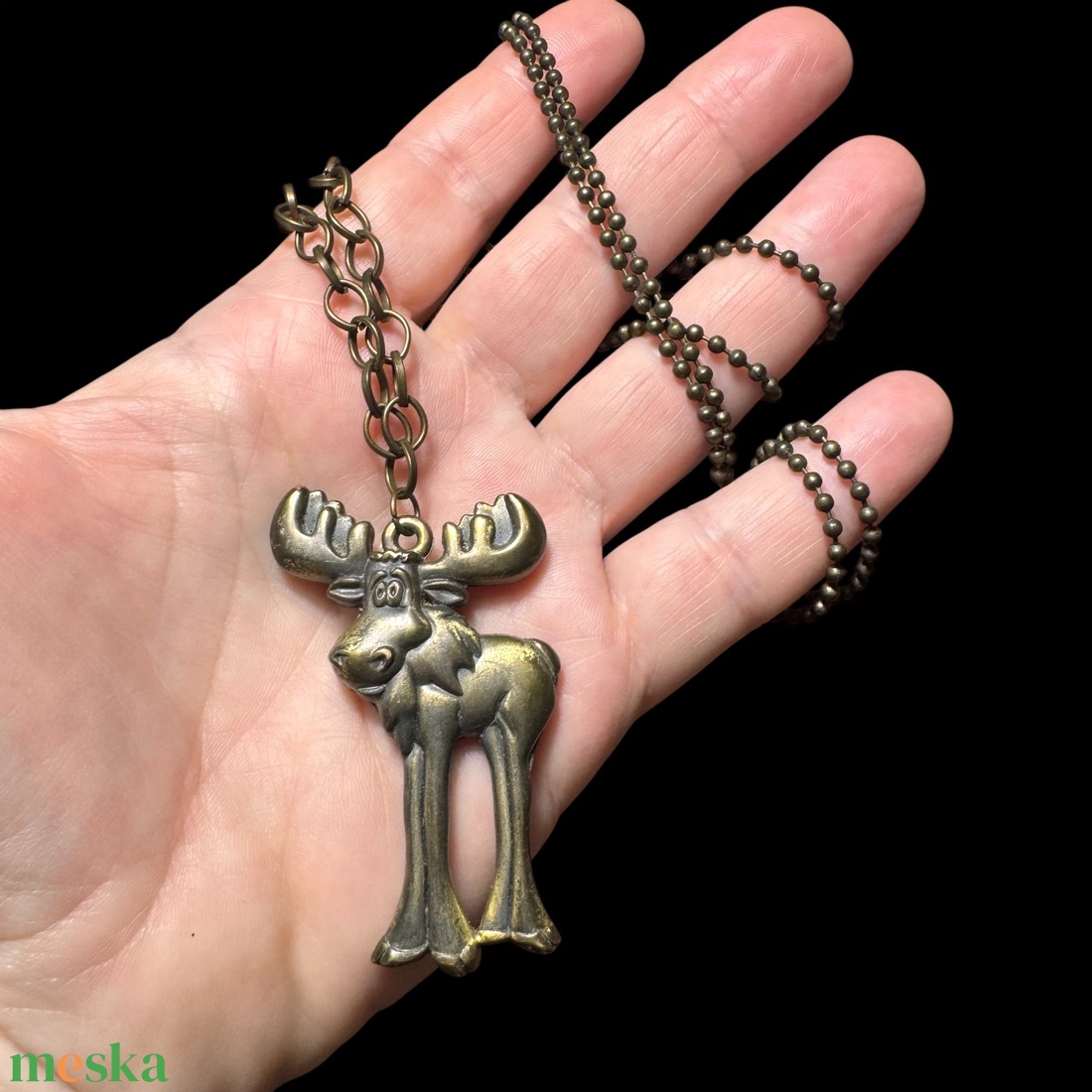 Szarvasos nyaklánc hosszú réz láncon, retro réz szarvas medálos nyaklánc, feltűnő réz nyakék - ékszer - nyaklánc - hosszú nyaklánc - Meska.hu