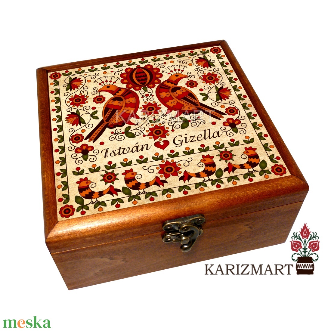 Ékszeres Teás Díszdoboz Tároló doboz rábaközi madaras motívummal nevekkel monogrammal idézettel  #46N - esküvő - emlék & ajándék - doboz - Meska.hu