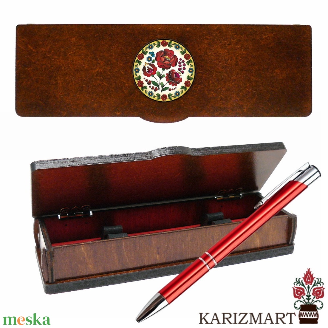 Tolltartó doboz golyóstollal egyedi felirattal kalocsai motívummal #IT02-07 - otthon & életmód - papír, írószer - tolltartó & ceruzatekercs - Meska.hu