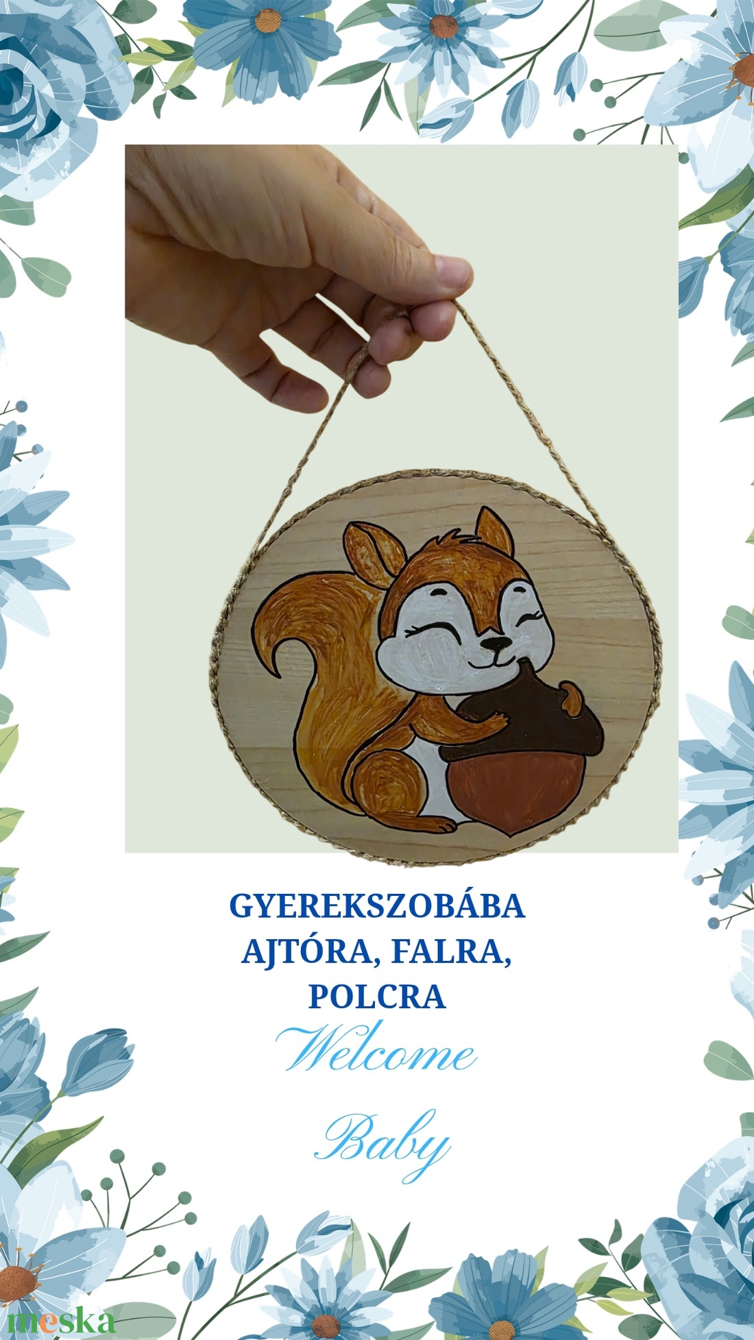 Kézzel festett mókus ajtódísz, gyerekszoba kép  természetes, újrahasznosított egyedi dekoráció  - otthon & életmód - babaszoba, gyerekszoba - babaszoba kép - Meska.hu